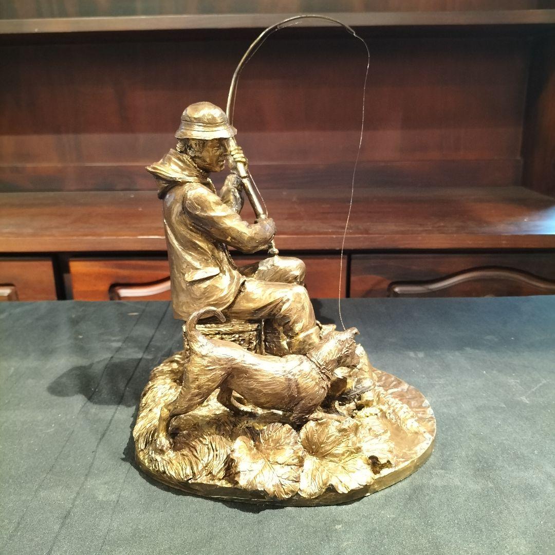 M♦希少　イギリスヴィンテージ　J. Bromley ブロンズ像　釣り人と犬