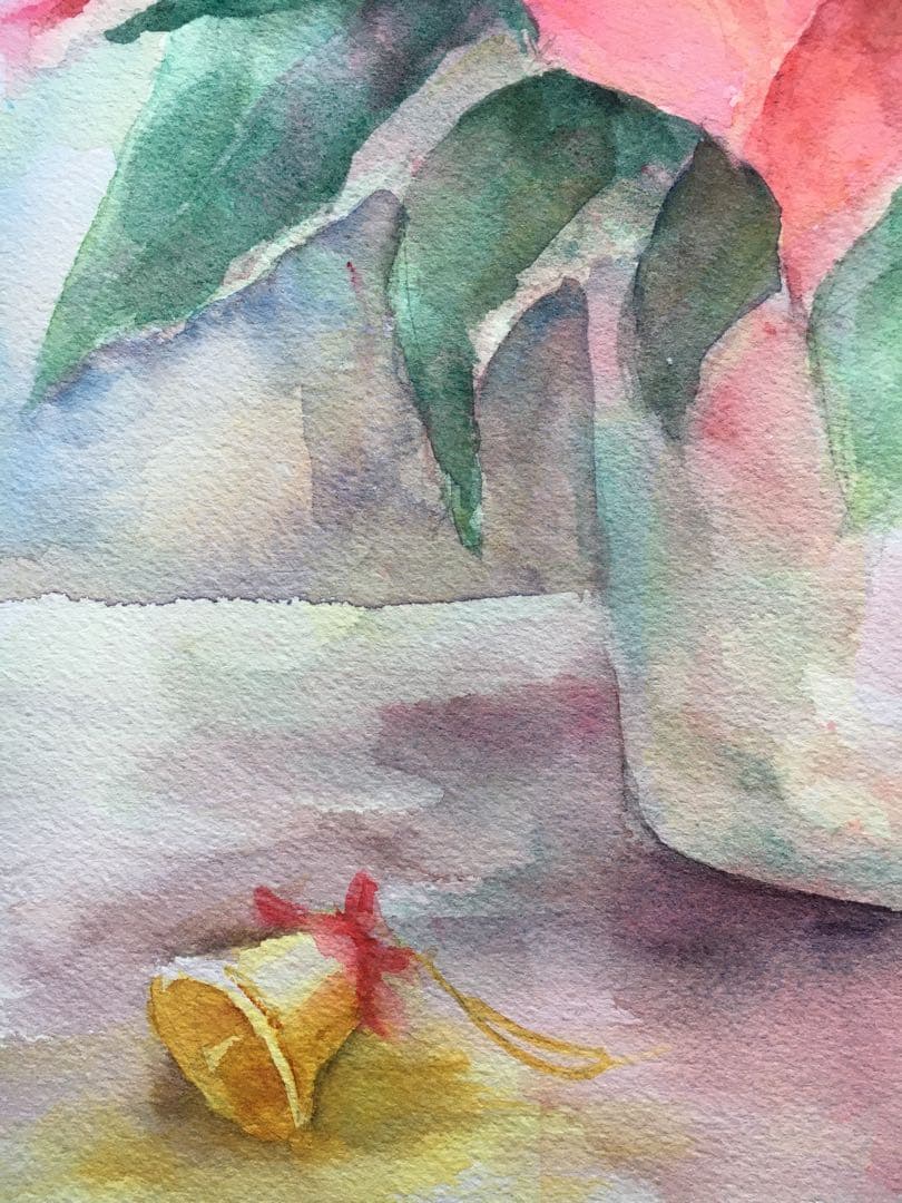 透明水彩画原画　クリスマス　聖夜　ポインセチア