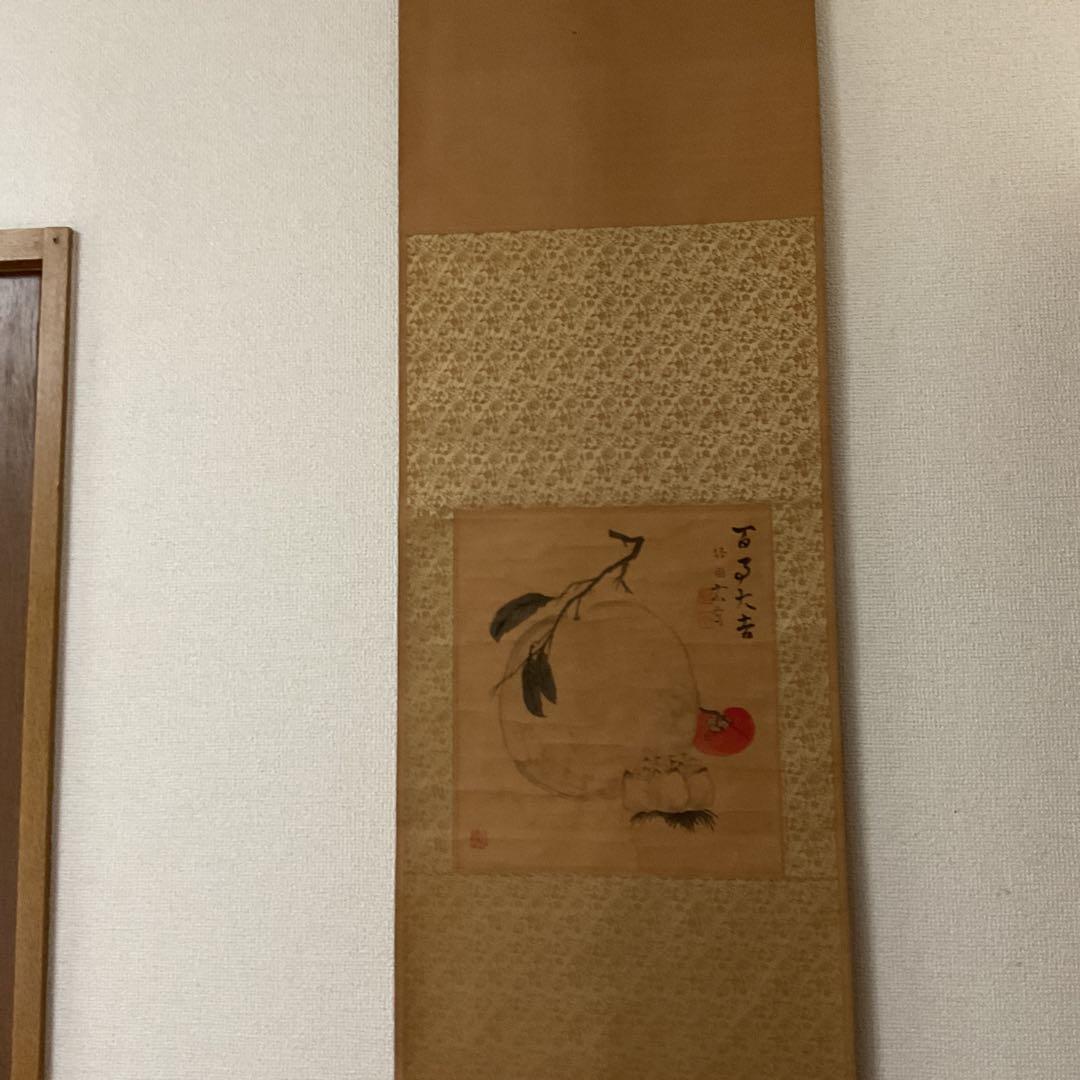 水田竹圃在銘 色紙掛軸 百日大吉 軸先骨 保存状態経年劣化 色褪せ有り。