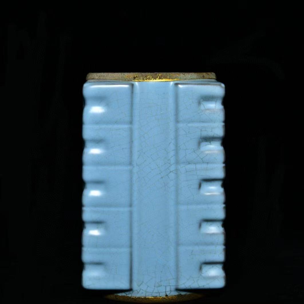 中国古美術・旧蔵の琮式瓶、御題が嵌め込まれた陶磁器・11x19cm・置物・文房具