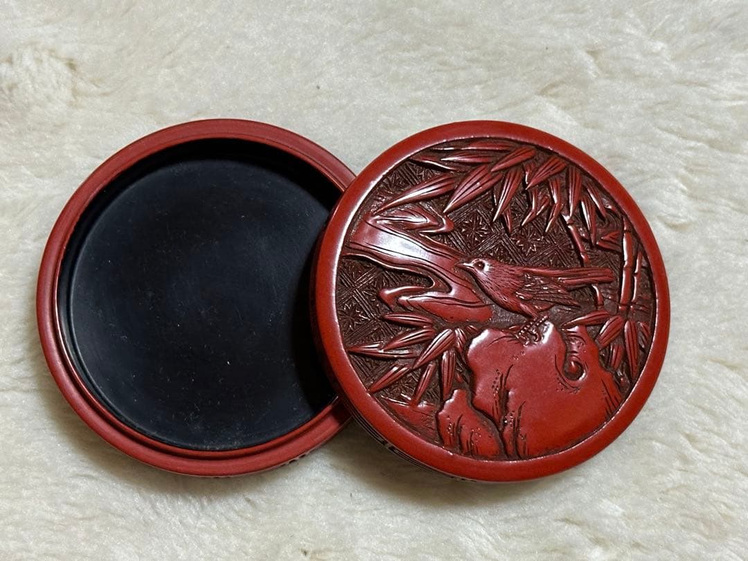 堆朱香合　時代物　江戸中期　初音図　希少　堆朱　香合　木箱入り