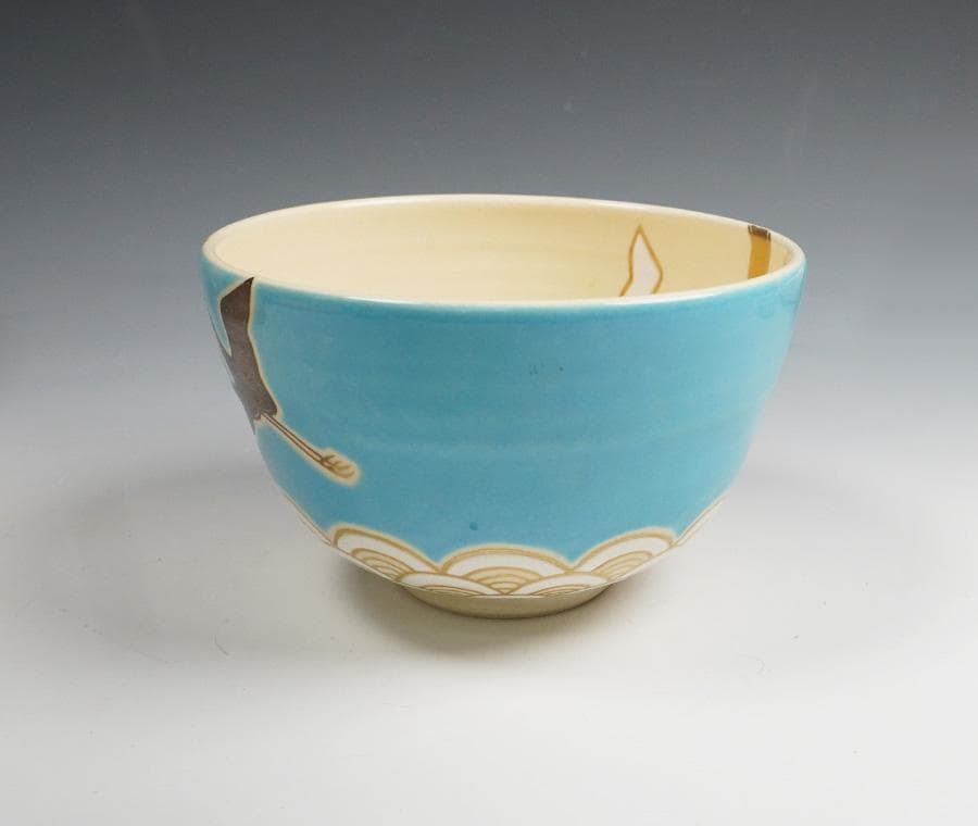 伊藤魁雲 青地鶴之図茶碗 茶道具 共箱