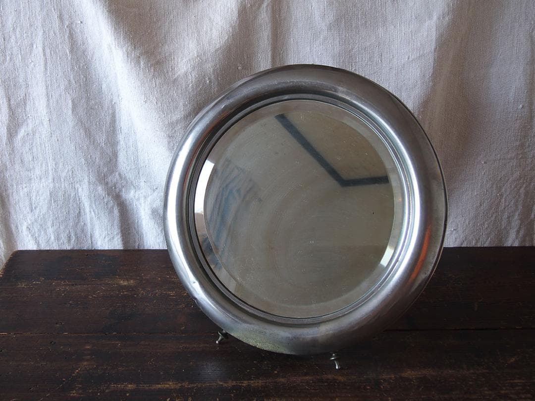 アルミフレーム 古い鏡 アールデコ 直径36.7cm 家具 /K397