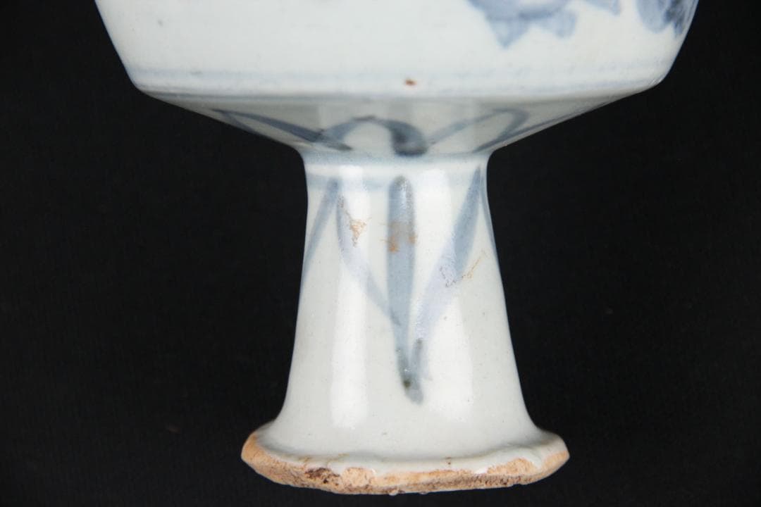 中国美術　清代　青花福字紋高足碗　供器　仏教祭器　花卉蝶文 陶磁 ESM12-7