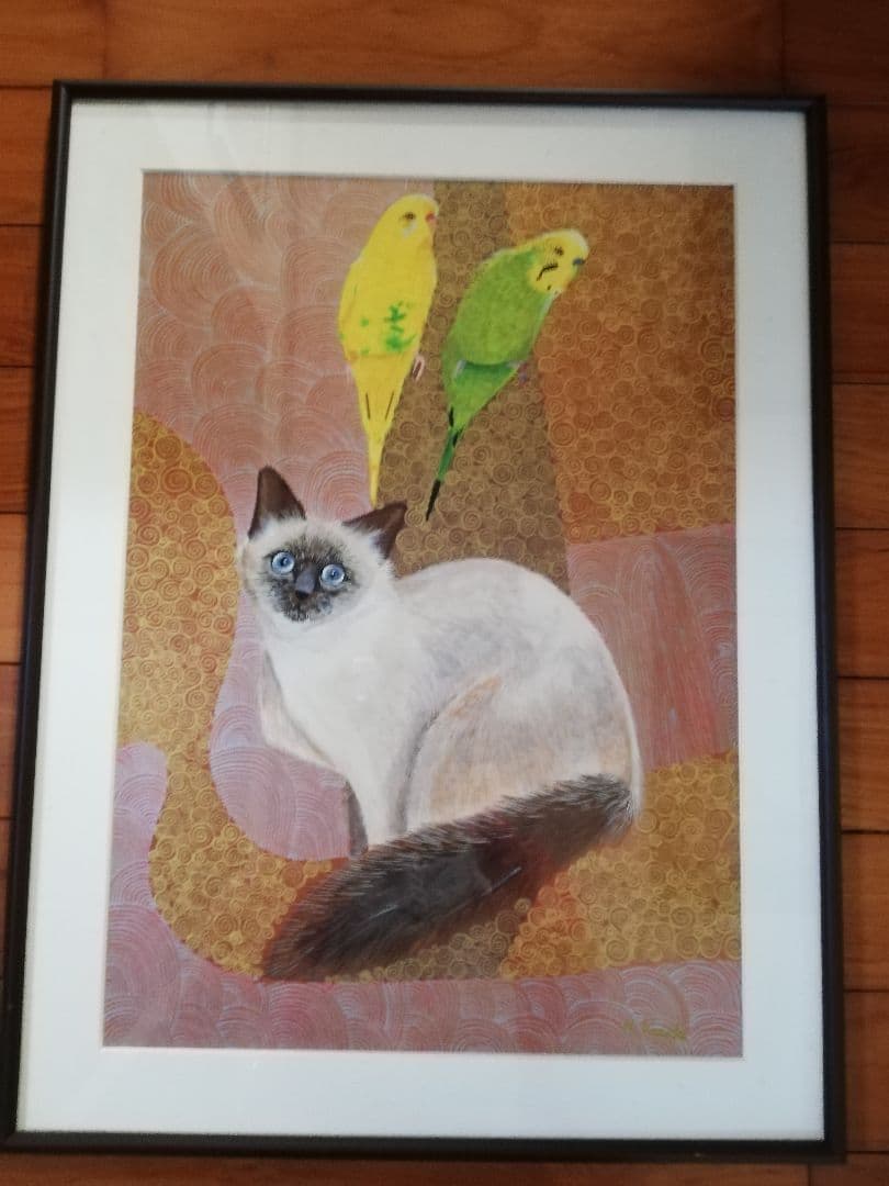 セキセイインコと猫　絵画