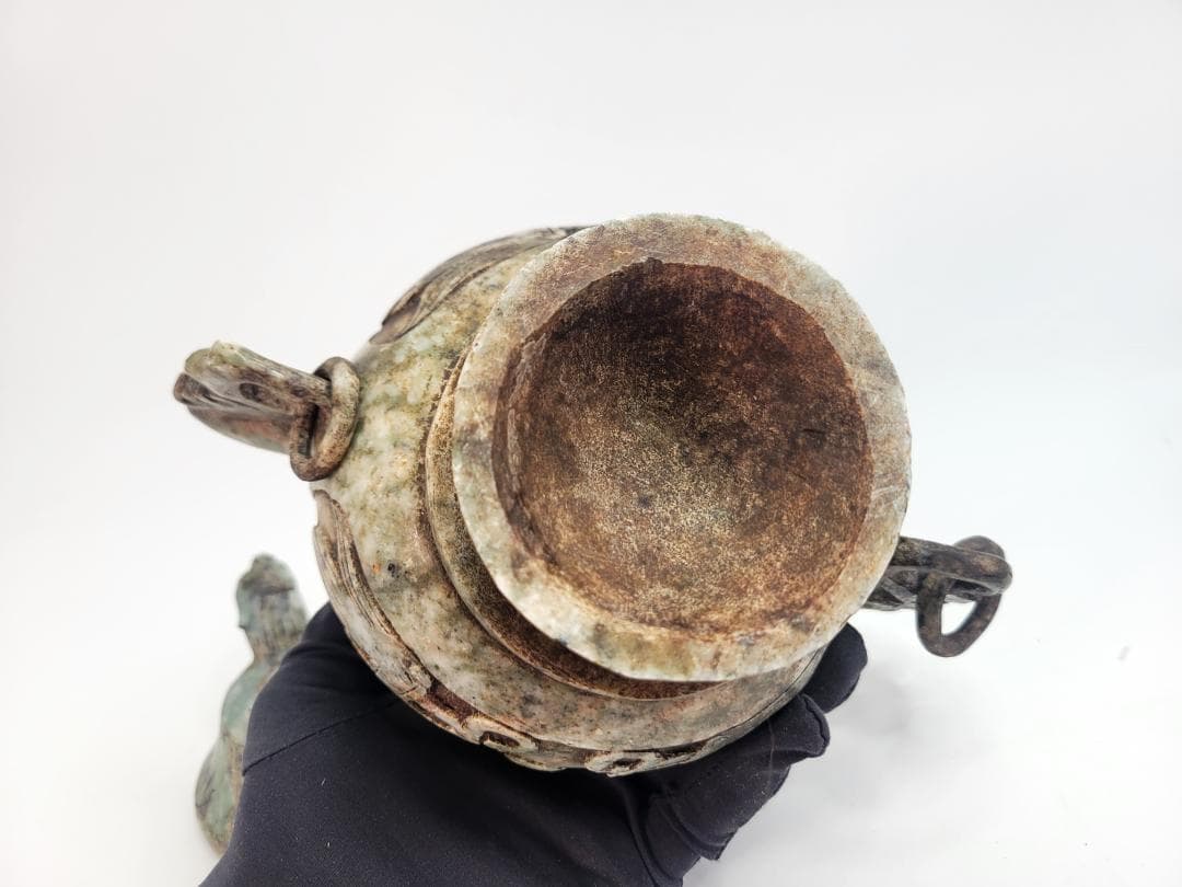 玉石製　玉彫 獣尊酒器 時代物 極細工 手彫り 置物 賞物 中国古美術 蔵出