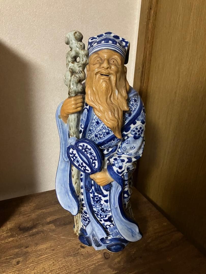 骨董）九谷焼 巨大陶器製　染付　七福神 寿老人 福禄寿　縁起物 置物　オブジェ