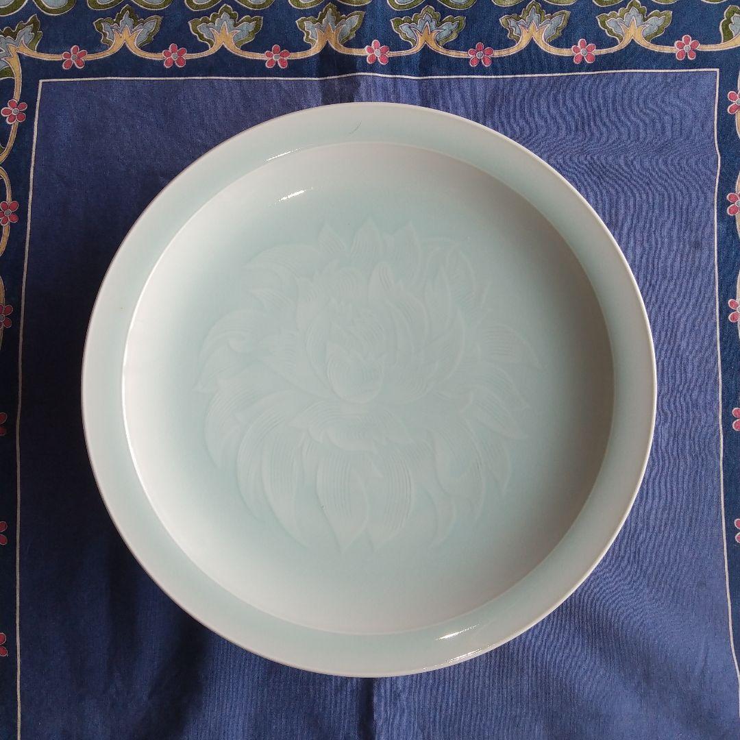 人間国宝♦塚本快示♦青白磁♦牡丹刻♦高台皿♦骨董