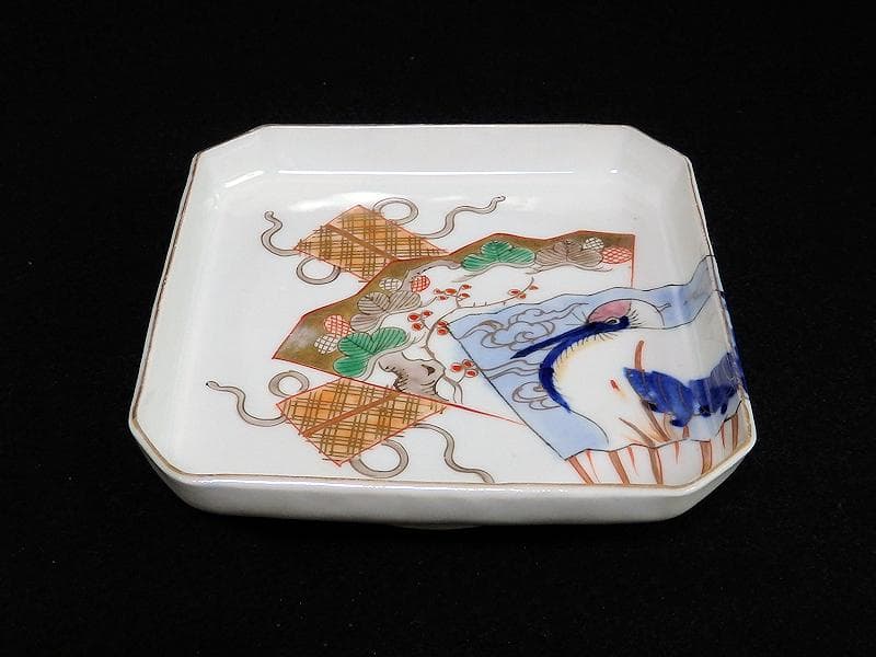 古伊万里　染錦　松に丹頂鶴の図　角皿　４枚　D827AS-BJn