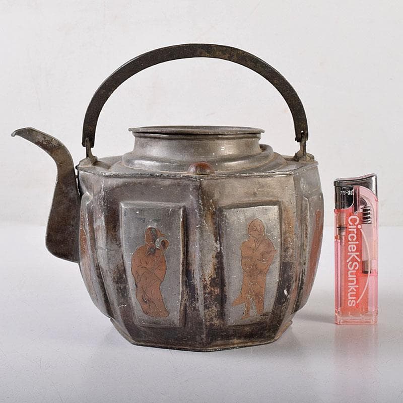 BLACK　中国　古錫　人物文　八角湯沸かし　急須　V　8087