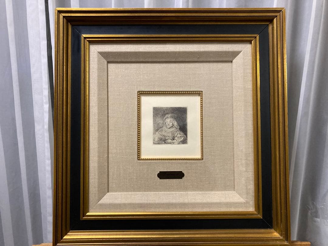 銅版画・エッチング【レンブラント】 「カード遊びをする人」黄袋付き　豪華額装