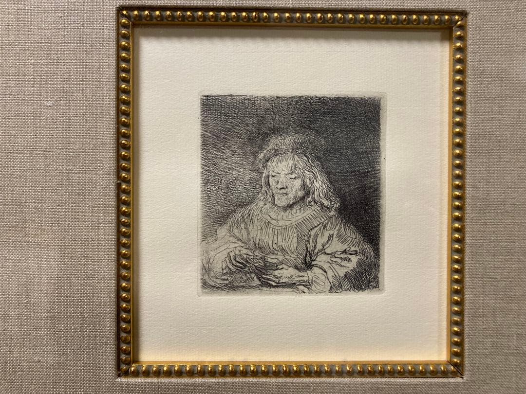 銅版画・エッチング【レンブラント】 「カード遊びをする人」黄袋付き　豪華額装