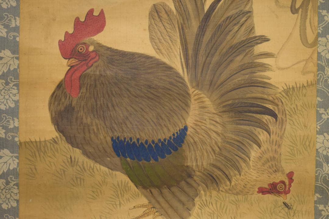 真作/秀文/藤/双鶏図/布袋屋掛軸HI-868