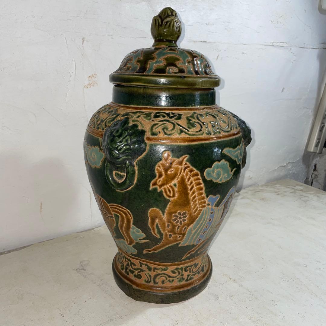 作家物 サインあり 琉球 沖縄 壺屋焼 蓋付大瓶 保存瓶 つぼ 壺