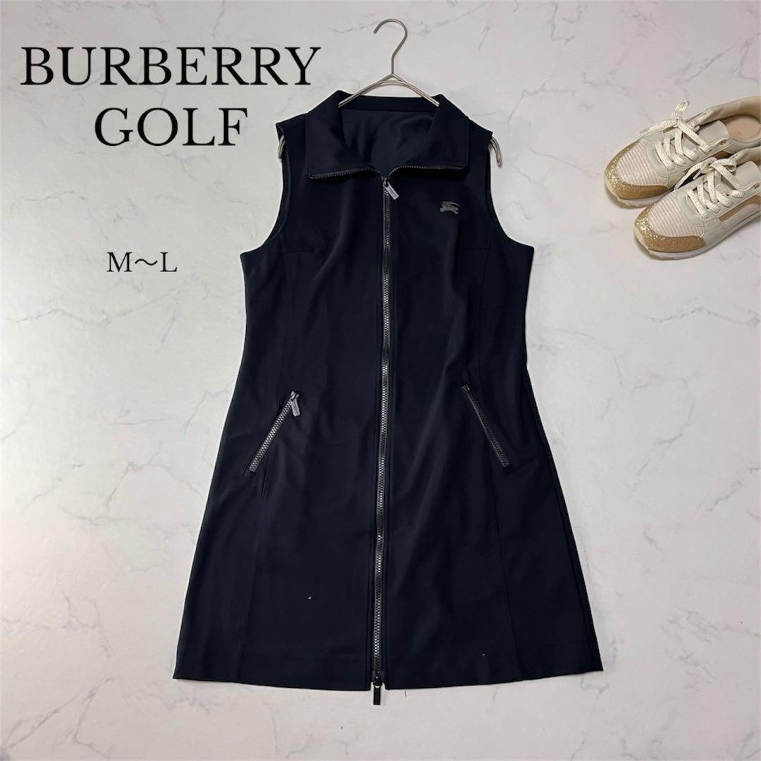 バーバリーゴルフ ノースリーブワンピース M〜L ブラック フルジップ ロゴ刺繍