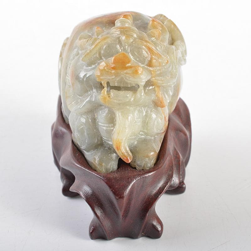 中国　玉石彫刻　神獣　紙鎮　置物　唐木台付　C　R5414