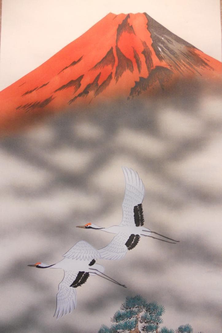 掛け軸 春峰 赤富士双鶴 絹本 希少 軸装 茶道具 掛軸 美品 です。