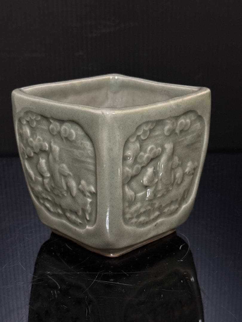 江戸期 三田焼 青磁 窓絵人物図 火入 灰器 茶道具