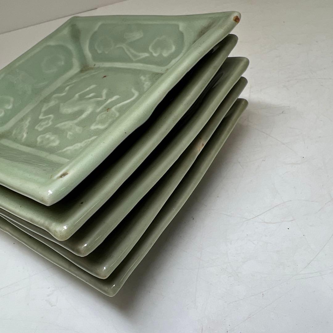 江戸後期　三田青磁鹿文角皿12枚　木箱付　東Y8-0122☆2Fトヒル