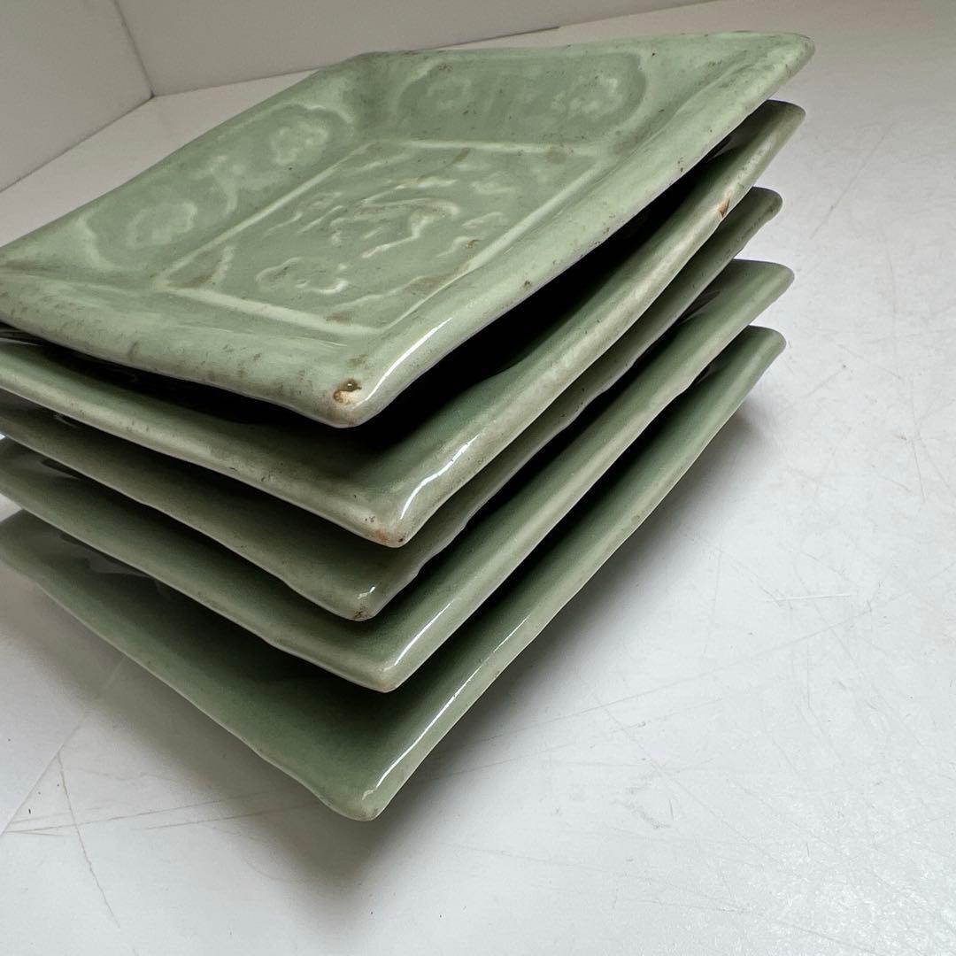 江戸後期　三田青磁鹿文角皿12枚　木箱付　東Y8-0122☆2Fトヒル