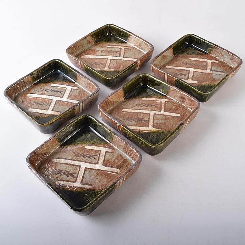 和食器　瀬戸織部　鳴海織部　加藤作助作　角向付　五客　共箱　V　R8733B