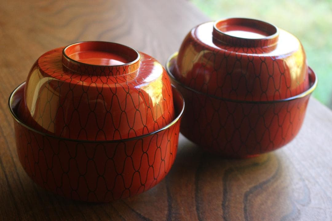 極小傷有！極上朱漆に風情ある網目文の映える大椀2点（検輪島塗懐石道具茶道具懐石椀