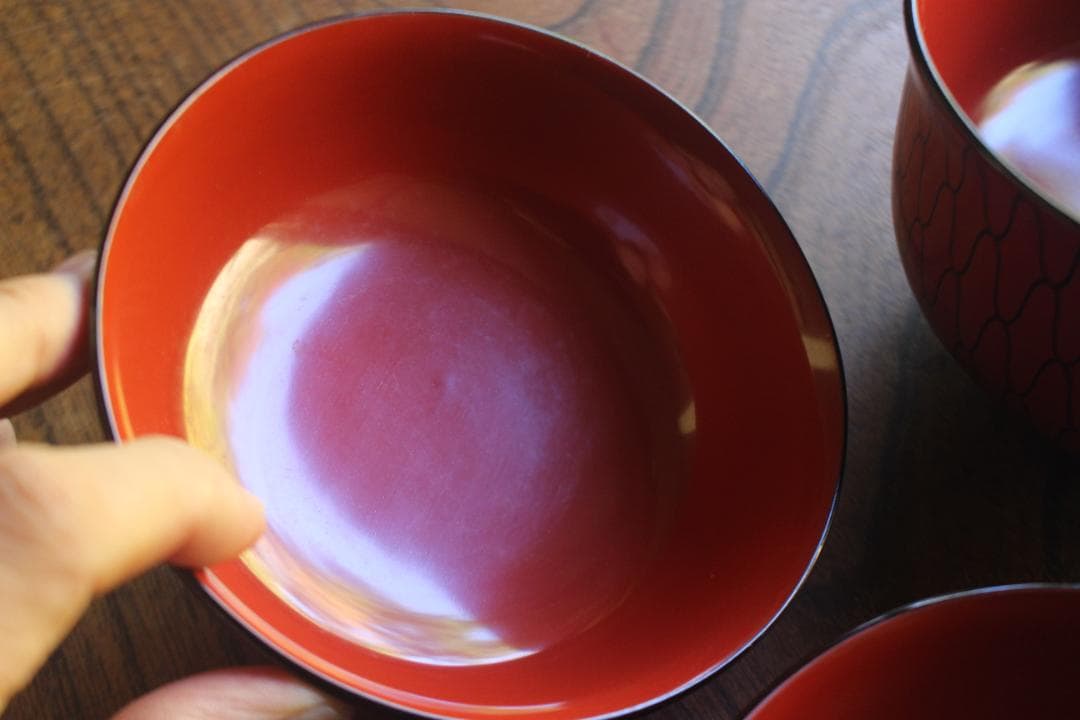 極小傷有！極上朱漆に風情ある網目文の映える大椀2点（検輪島塗懐石道具茶道具懐石椀
