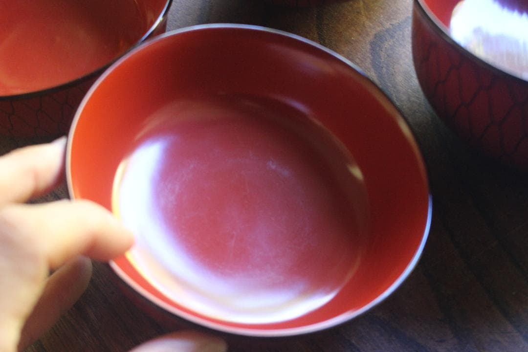 極小傷有！極上朱漆に風情ある網目文の映える大椀2点（検輪島塗懐石道具茶道具懐石椀