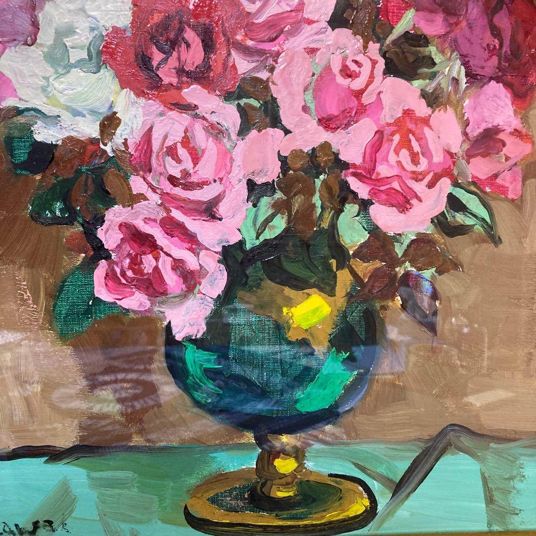 高島屋シール　河井達海　８号花瓶　薔薇　油彩画