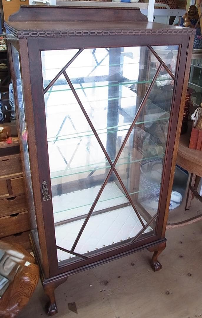 ビンテージ ガラスキャビネット ダークブラウン　猫脚