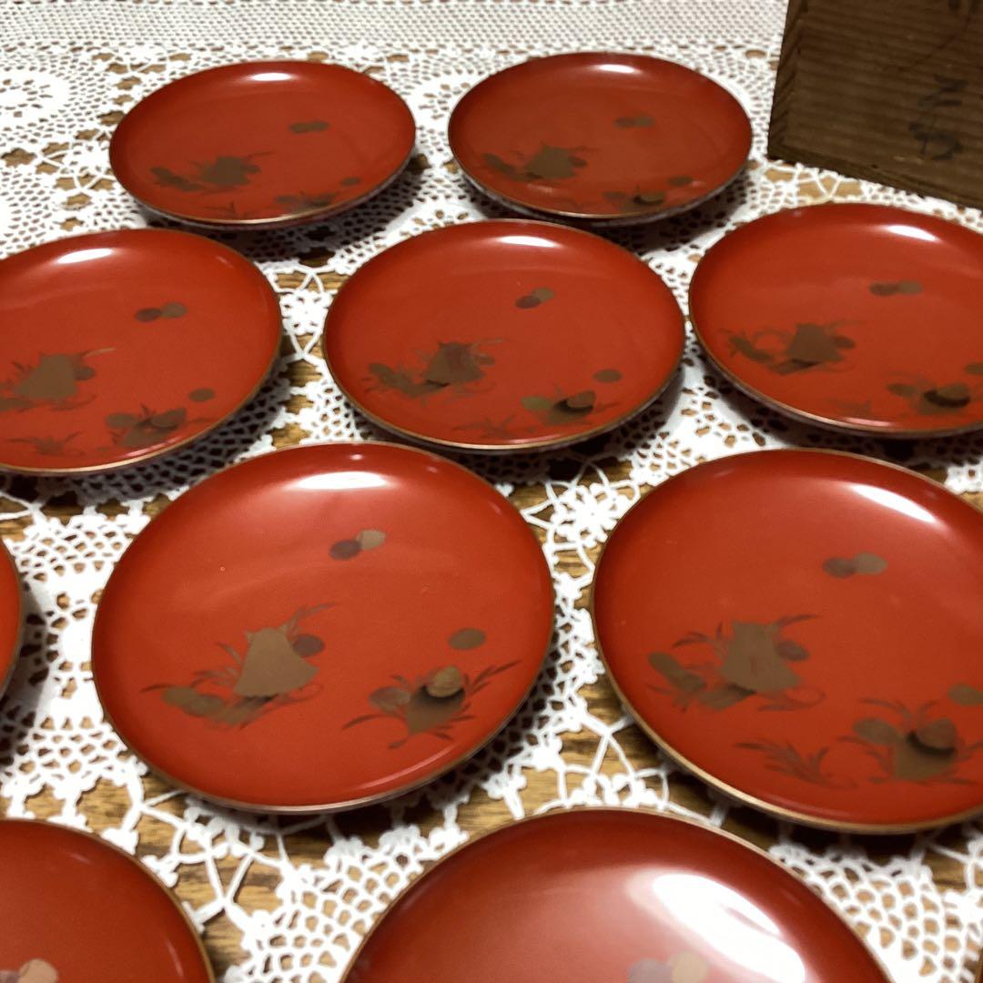 k2f9 漆器 盃19枚セット 赤色　貝の絵　小皿でも
