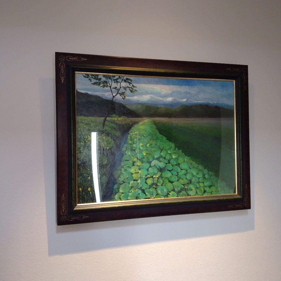 【高級特注額縁】蓮根畑　蓮　風景画　肉筆画　油彩画　大判　サイン有り