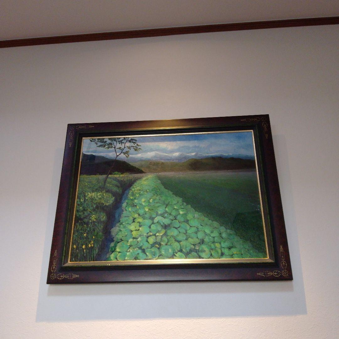 【高級特注額縁】蓮根畑　蓮　風景画　肉筆画　油彩画　大判　サイン有り