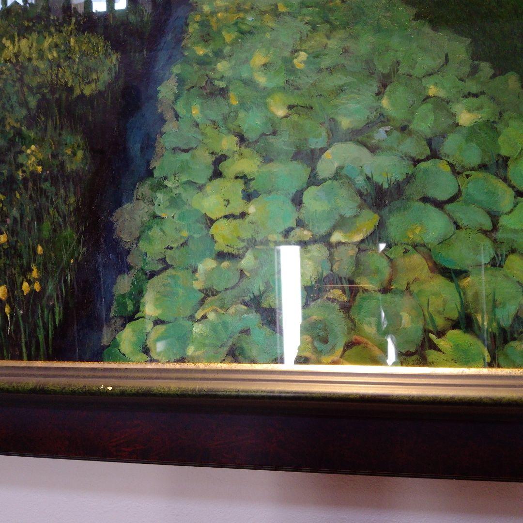 【高級特注額縁】蓮根畑　蓮　風景画　肉筆画　油彩画　大判　サイン有り
