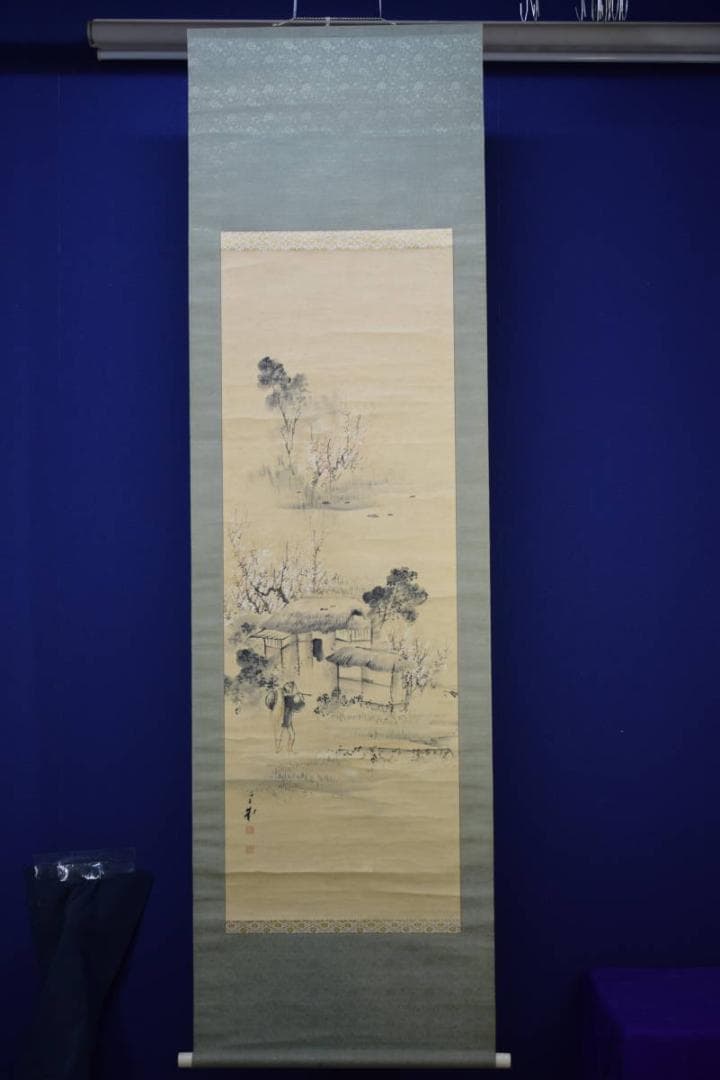 真作/里見雲嶺/梅花山水人物図/布袋屋掛軸HF-761