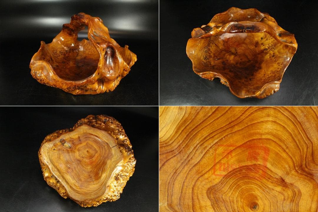 葡萄木 手付 器 木彫 古民具 時代物(K-LC949)