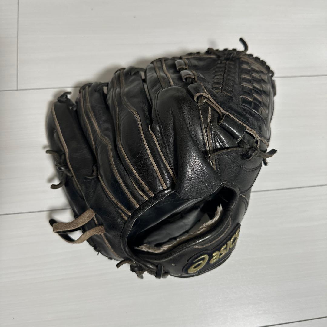 asics ゴールドステージ　軟式野球グローブ 黒 レザー 編み込み　投手用