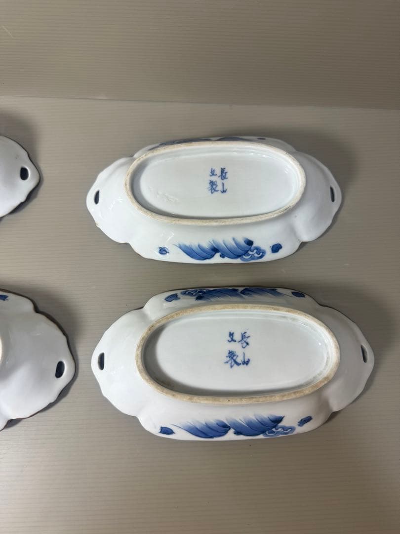 2110 明治大正 伊万里 舟形皿 4客　長山文製 染付山水　時代物