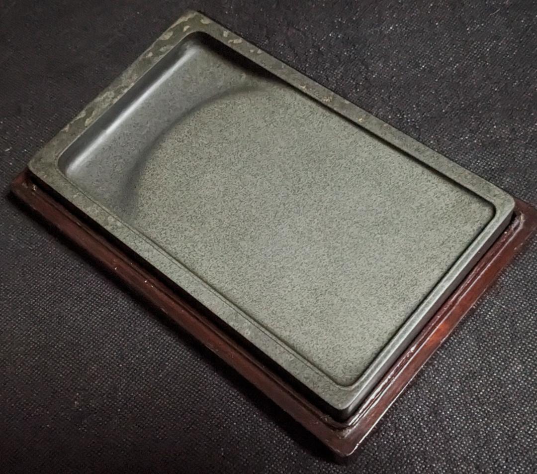 【歙州硯　魚子紋・金星の琅玕系美石】◆唐木塗箱◆約七吋◆龍尾山◆歙硯