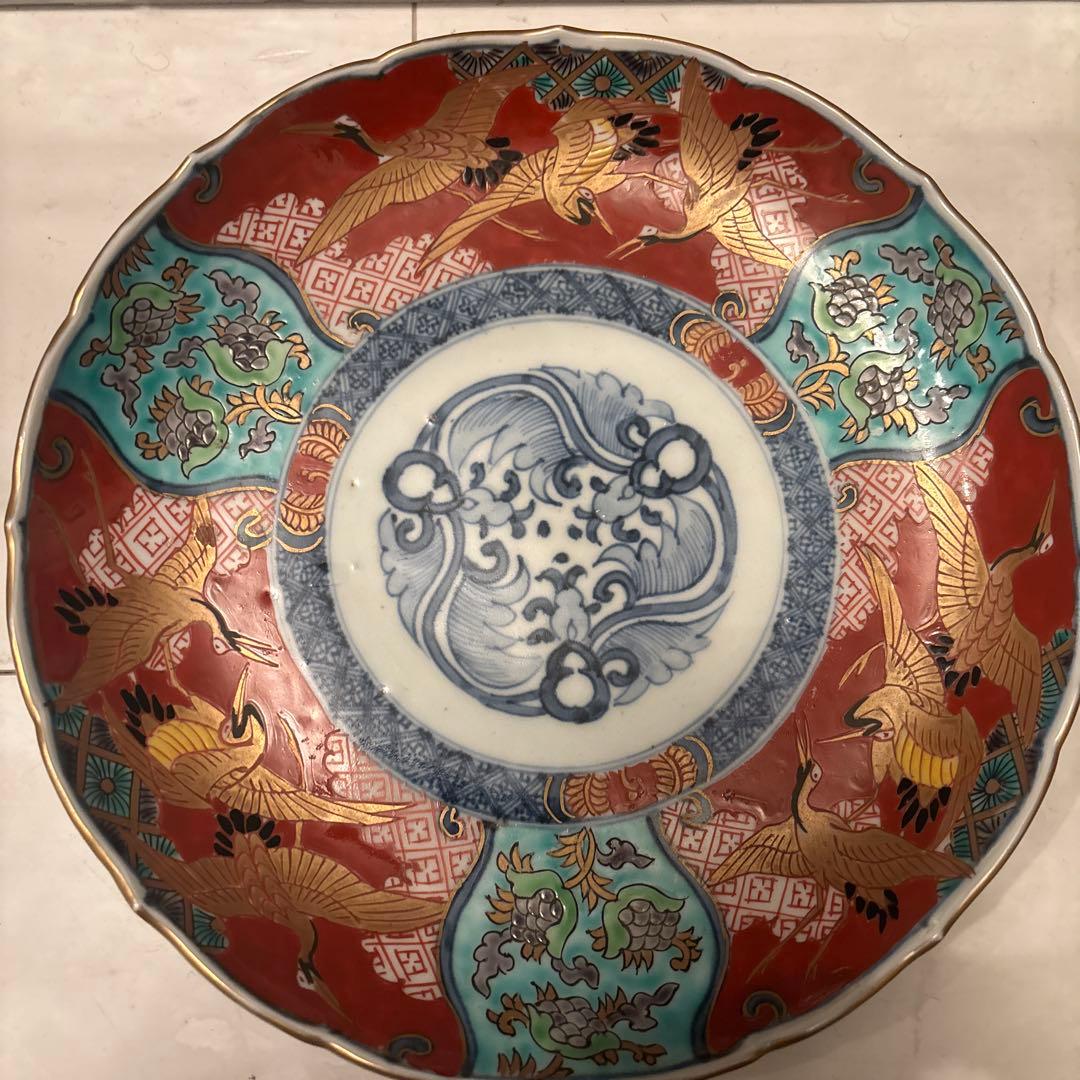 江戸後期 古伊万里 鶴やお花美しく金彩ふんだんの豪華絢爛な赤絵大皿23cm