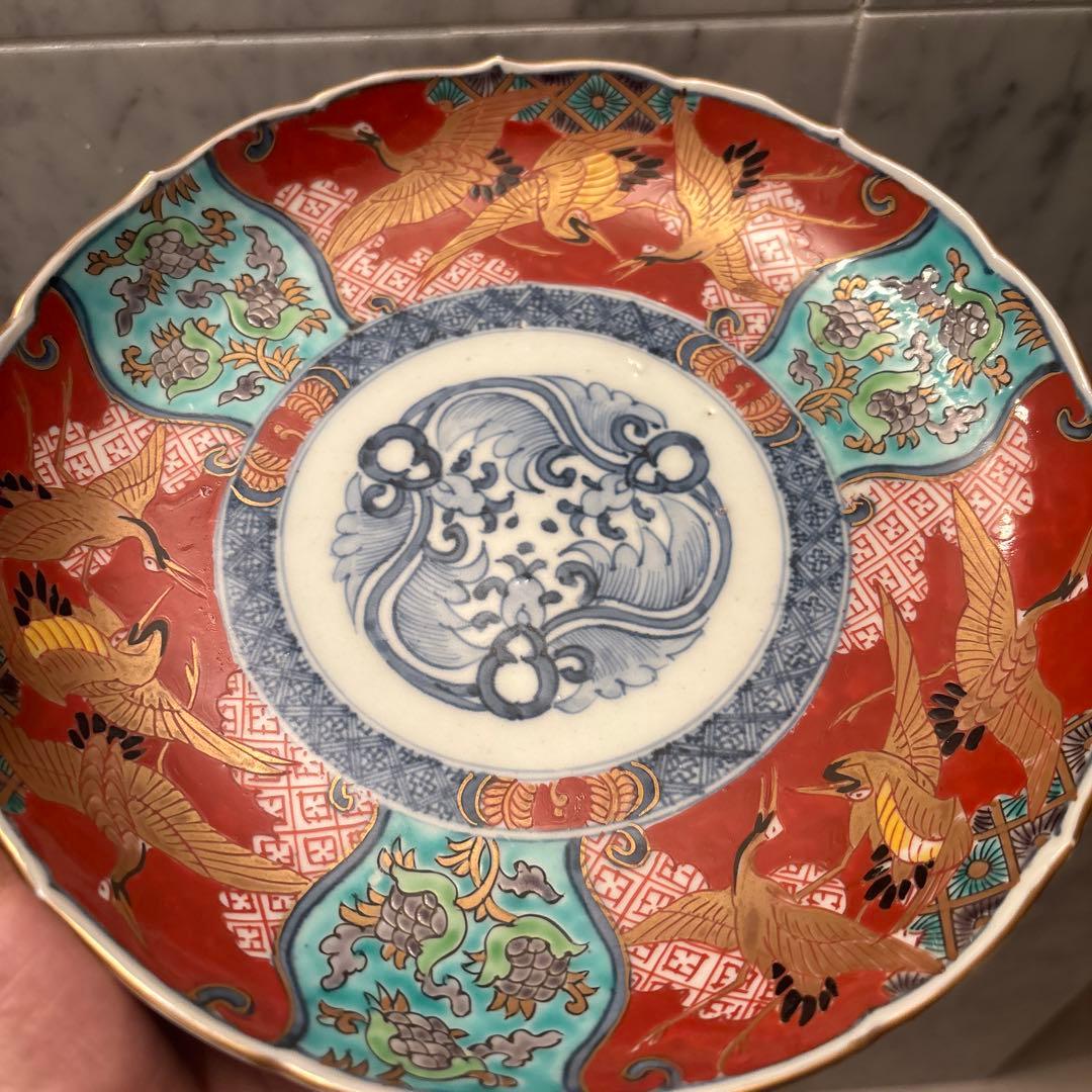 江戸後期 古伊万里 鶴やお花美しく金彩ふんだんの豪華絢爛な赤絵大皿23cm