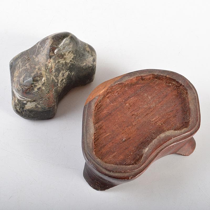 鑑賞石　天然石　菊花石　置物　重さ約401g　唐木台付　C　6310