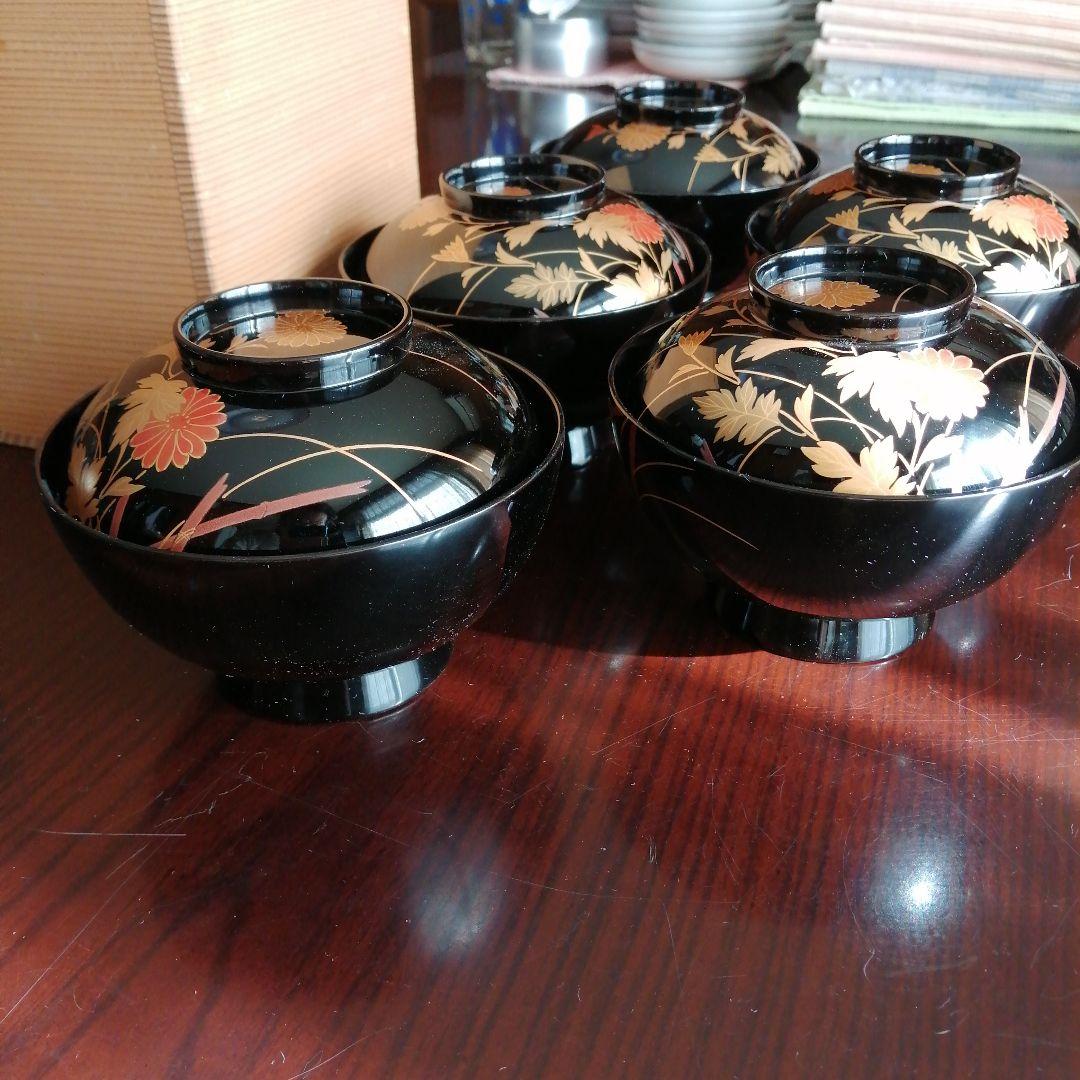 輪島塗　金彩蓋付吸物椀　5客　11.8cm