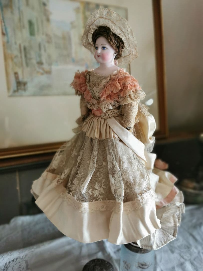 アンティークフランス ゴーチェビスクドール シルクタフタ＆レース４層ドレス19c