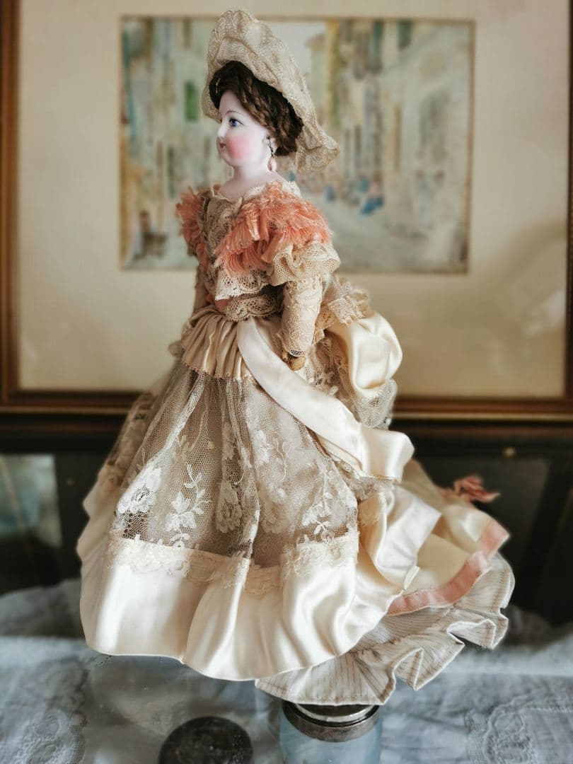 アンティークフランス ゴーチェビスクドール シルクタフタ＆レース４層ドレス19c