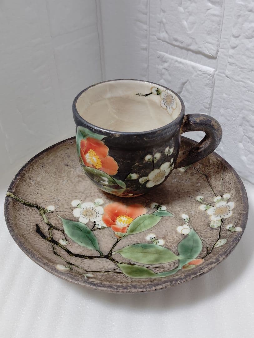 京焼　清水焼　陶葊　陶あん　椿と梅　カップ＆ソーサー　ペア