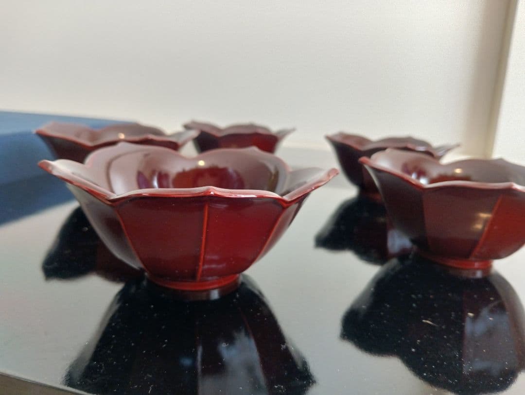 輪島塗　溜塗輪花向付　5客