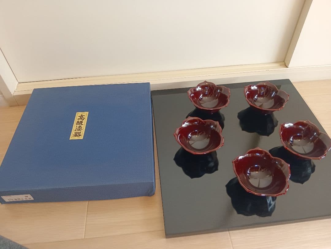 輪島塗　溜塗輪花向付　5客