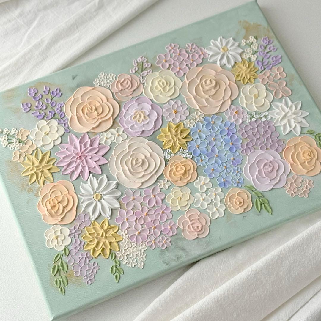 テクスチャーアート 花 インテリアアート 花畑 ブーケ フラワーアート グリーン