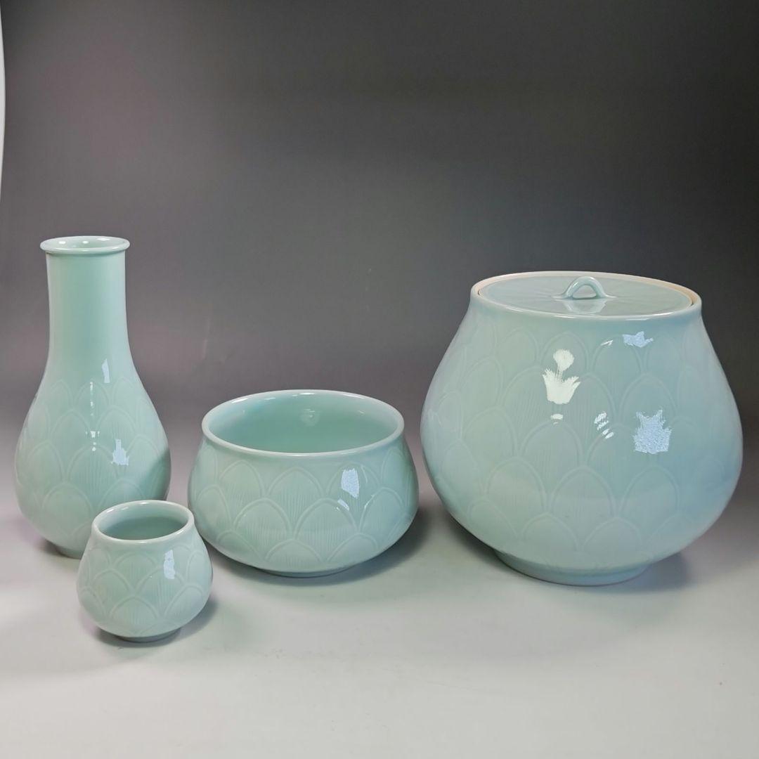 イ748 皆具『韓国 陶芸 粱命煥 青磁 青珍 皆具　共箱』茶道具